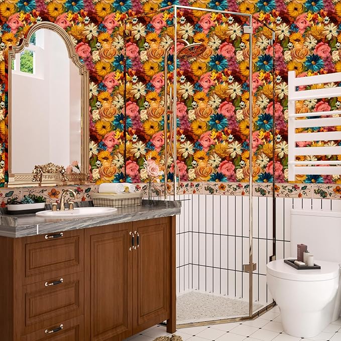 Colorful Floral Peel and Stick Wallpaper Vintage Leaf Contact Paper Multicolor Flower Wall Mural Home Vinyl Waterproof Self Adhesive Removable Renter Friendly Wall Paper 17.5" x 118"