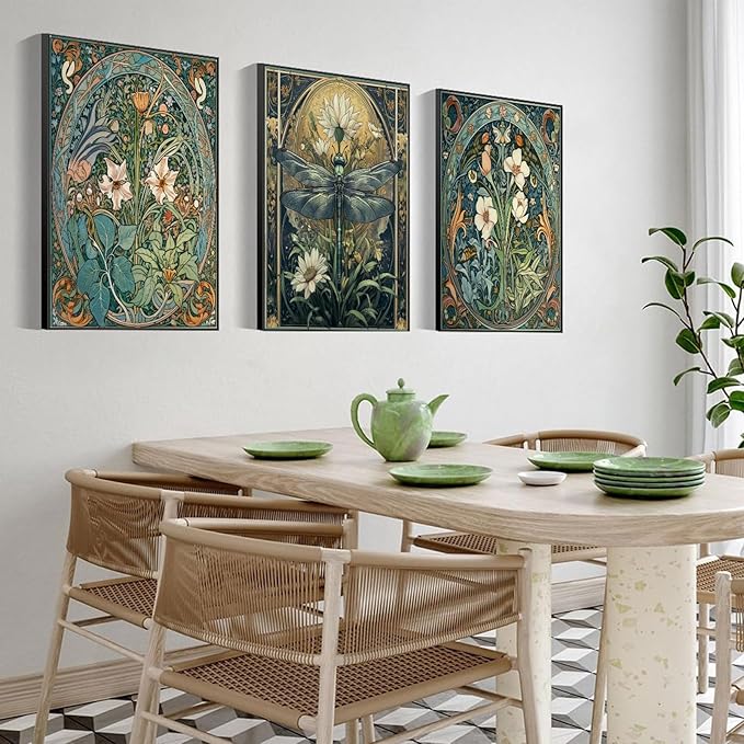 3Pcs Floral Dragonfly Canvas Wall Art Dark Flower Green Plant Decor painting Pictures Vintage White Lily Daisy Posters Prints for Living room Bathroom Bedroom Office Hallway Home Decoration Unframed