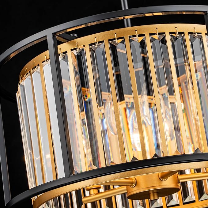 5-Light K9 Crystal Drum Chandeliers, Modern Pendant Light Fixture for Dining Room, Living Room, Bedroom, D18 x 12~58" Adjustable Height, Crystal Shade, Gold & Black Finish