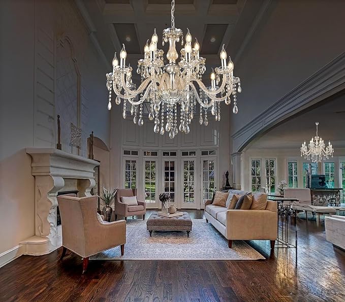MALOSA Luxury Cognac Large Crystal Chandeliers for Dining Room,Living Room,Bedroom 30.7" 15 Lights