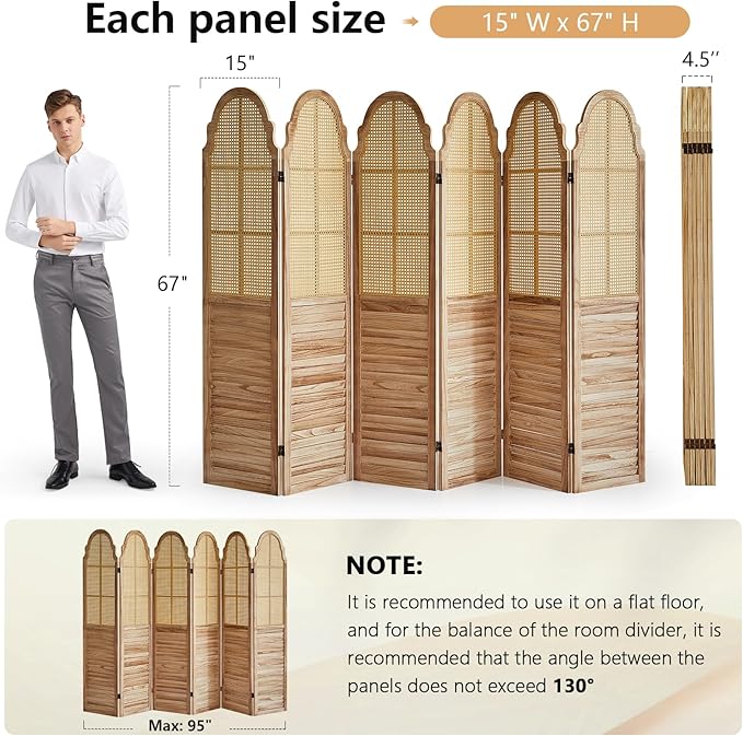 6 Panel Rattan Room Divider Panel, 5.6Ft Partitionsand Dividers, Louvered Partition Divider, Room Dividers Screen, Solid Wood Frame, Folding Screen, Bedroom, Family Room, Light Brown