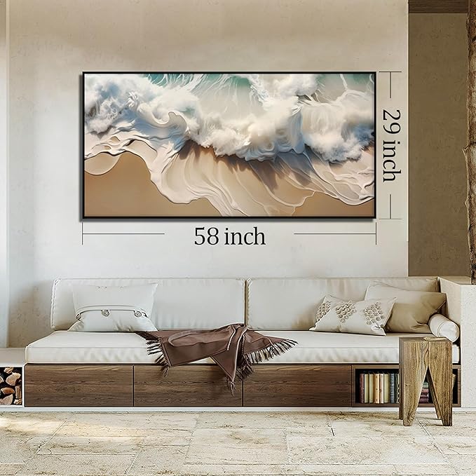 Ocean Waves Canvas Wall Art with Black Frame, Beach Scenery View Home Decor Picture, Sea Waves Canvas Wall-Decoration for Living Room, Seaside Scene Large Decorative Print Artwork for Bedroom 59"x29"