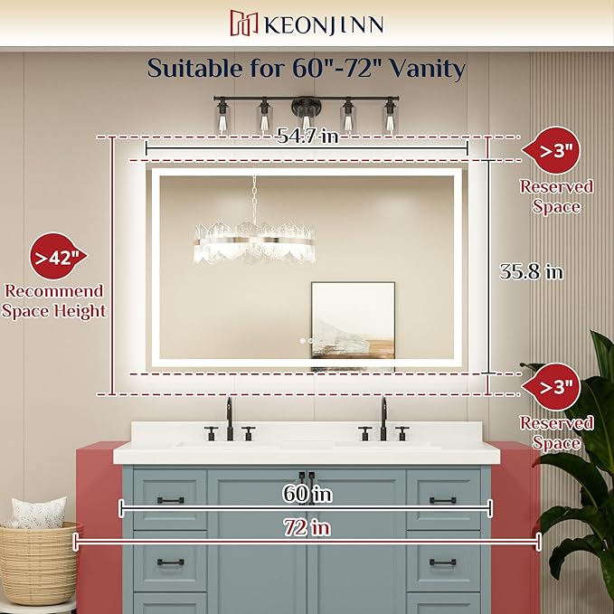 Keonjinn 55 ” x 36 ” Lighted Mirror for Bathroom Wall, LED Mirror with Frontlit & Backlit, Bathroom Mirror with Lights, Dimmable 3-Color Lights, HD Tempered Glass, UL-Listed LED Driver