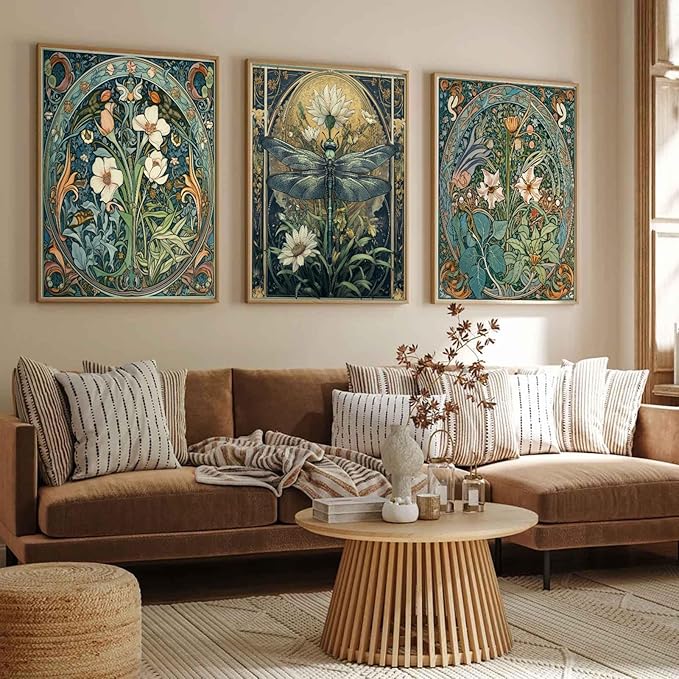 3Pcs Floral Dragonfly Canvas Wall Art Dark Flower Green Plant Decor painting Pictures Vintage White Lily Daisy Posters Prints for Living room Bathroom Bedroom Office Hallway Home Decoration Unframed