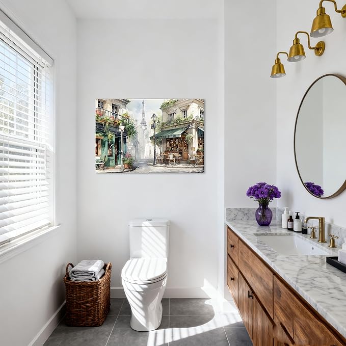 Modern Framed Street View Wall Art European Coffee Shop Canvas Print, Contemporary City Scene Painting, Vintage Cafe Artwork for Kitchen Dining Room Living Room, Bedroom Home Decor, Multi Size