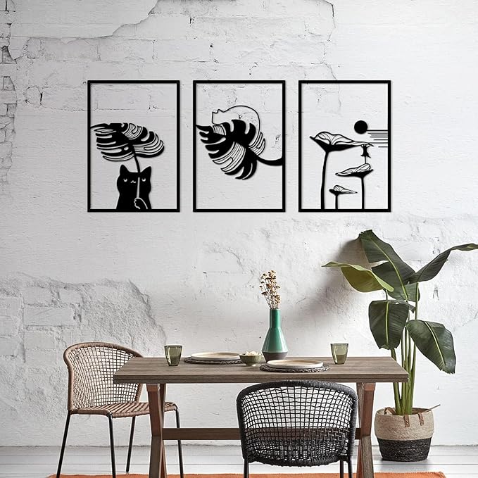 3Pcs Black Cat Wall Art, Metal Wall Sculptures, Cat Wall Decor for Cat Lovers, for Living Room Bedroom Kitchen Office Wall Hanging Décor