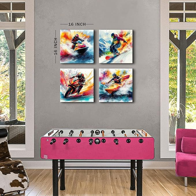Leisure Sports Canvas Wall Art for Mens Bedroom Wall Decor Abstract Watercolor Skiing Surfing Pictures Colorful Jet Ski Athlete Framed Artwork Teenager Boys Room Decor Cool Home Decoration 16x16 4Pcs