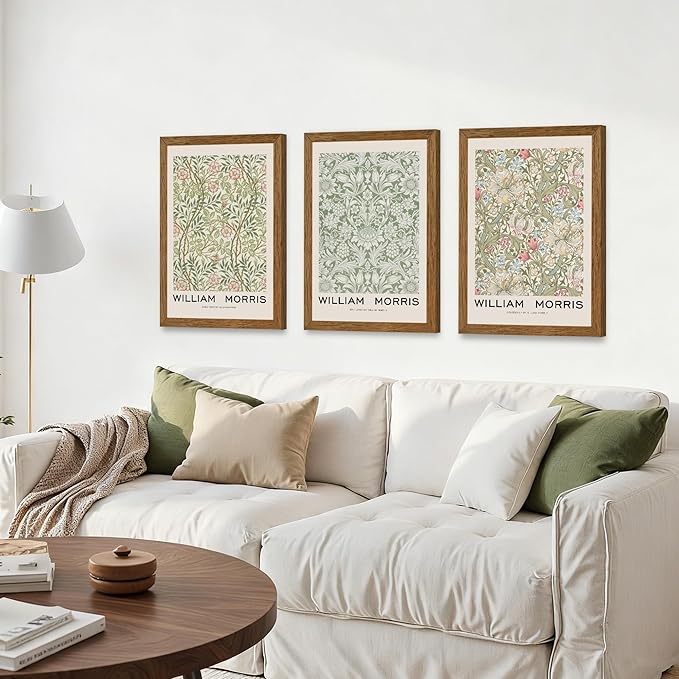 JLTULT 3 Piece Wood Frames Vintage Floral Canvas Wall Art, William Morris Flower Pattern Wall Decor, Nature Botanical Picture Artwork Prints for Living Room Bedroom Office 16x24 inch Easy to hang