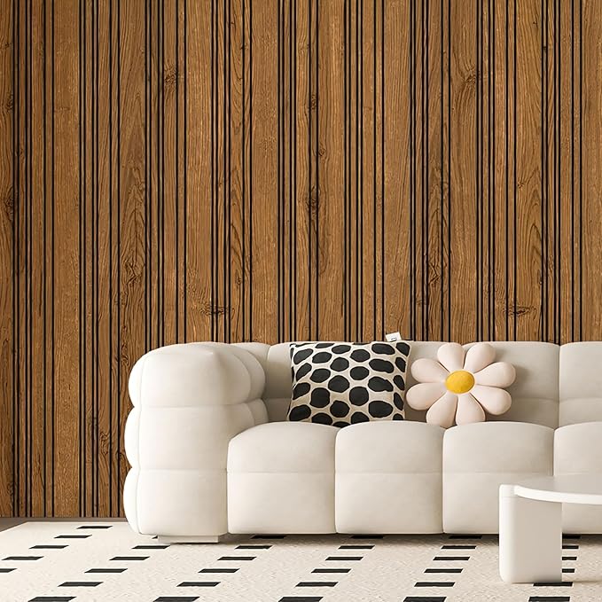 Art3d 4-Pack Glue-On Wall Panels, Wood Grain Texture Interior Wall Decor, 104"x12" Recycled Polystyrene Wainscoting Panels, Low Emission for Living Room Bedroom,Earth Teak