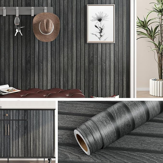 Livelynine 15.8x394 Inch Wood Black Peel and Stick Wallpaper for Bathroom Renter Friendly Wood Slats for Wall Ceiling Slate Dark Moody Black Wall Paper Peel and Stick Cabinet Vinyl Wrap for Kitchen