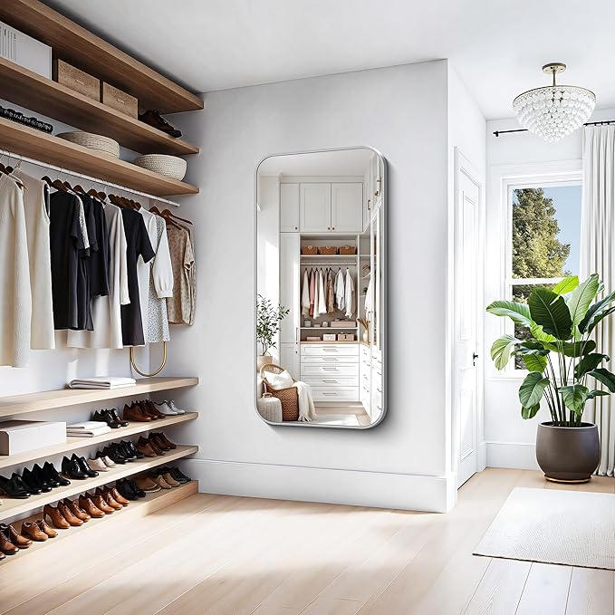 KOCUUY Silver Bathroom Mirror, 60x30 Inch Large Bathroom Mirror for Over Sink, HD Tempered Glass, Anti-Rust Brushed Silver Frame, Rounded Corner Modern Design for Bathroom, Hang Horizontal/Vertical