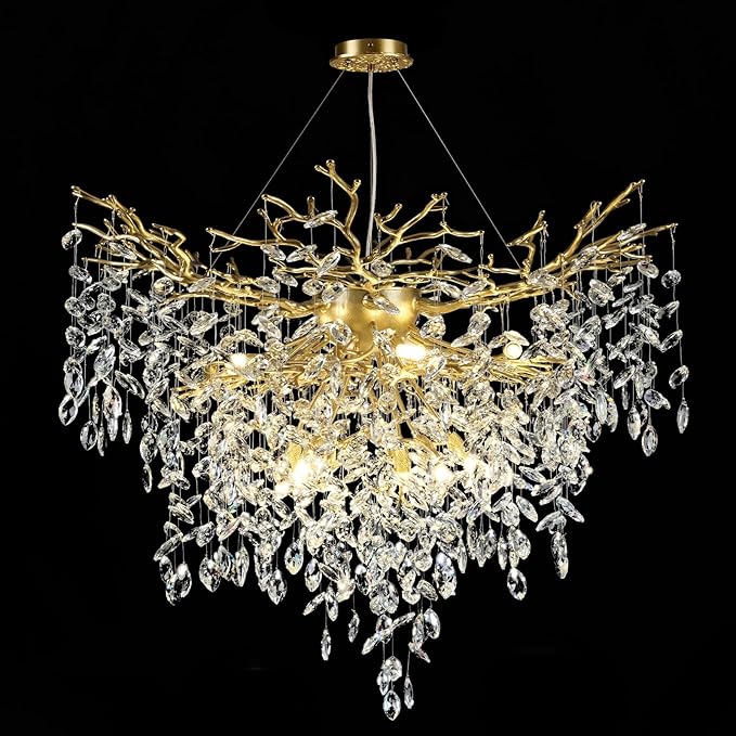 40 inch Crystal Chandelier for Dining Room, Round Gold Tree Branches Chandeliers, Top K9 Crystal Chandelier, Modern Chandeliers for Kitchen,Foyer Entryway