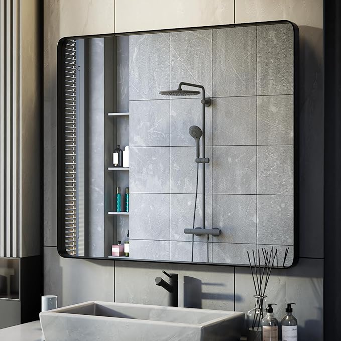 Black Bathroom Mirror for Wall, 36x32 Inch Matte Black Framed Bathroom Vanity Mirror for Farmhouse Living Room Bedroom, Anti-Rust, Tempered Glass, Horizontal/Vertical