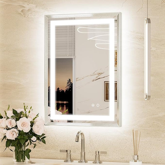 Keonjinn 20 x 28 Inch Brushed Nickel LED Bathroom Vanity Mirror, Frontlit & Backlit Lighted Bathroom Mirrors, UL Listed LED Driver, Tempered Glass, Beveled Framed, 3 Color Lights, Anit-Fog, Dimmable