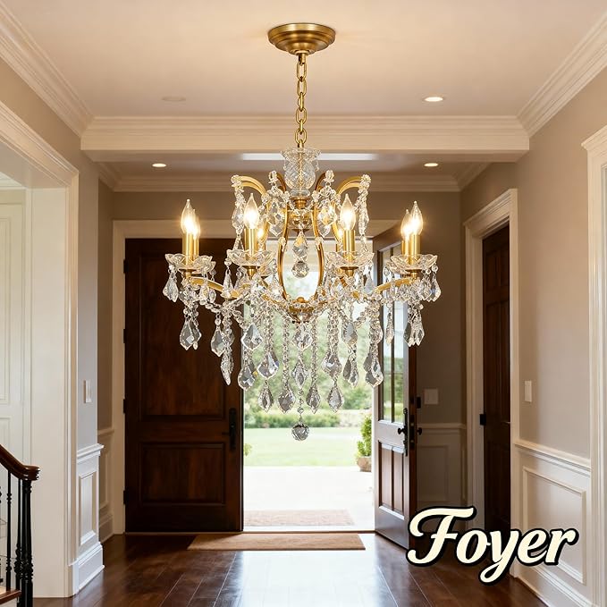 Antique Gold Crystal Chandeliers, Candle Pendant Ceiling Light Fixture 8-Lights Luxury Polished Golden Bronze Crystal Chandelier Adjustable Chain for Dining Living Room Foyer Hallway