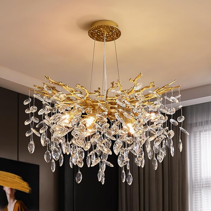 Modern Tree Branch Crystal Chandelier Luxury Gold Crystal Pendant Lighting 23.6" Contemporary 8-Light Chandeliers for Dining Room Kitchen Bedroom Living Room