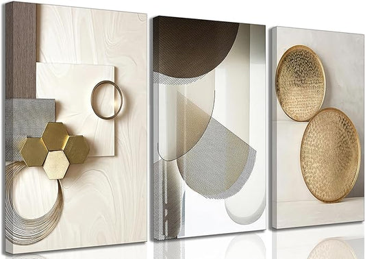 3 Pcs Abstract Gold Geometric Boho Canvas Wall Art Mid Century Modern Minimalist Aesthetic Luxury Metal Artwork Pictures Wall Decor Posters Prints for Living room Bedroom Office Home Decoration