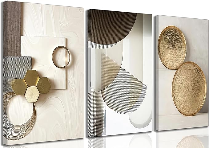 3 Pcs Abstract Gold Geometric Boho Canvas Wall Art Mid Century Modern Minimalist Aesthetic Luxury Metal Artwork Pictures Wall Decor Posters Prints for Living room Bedroom Office Home Decoration