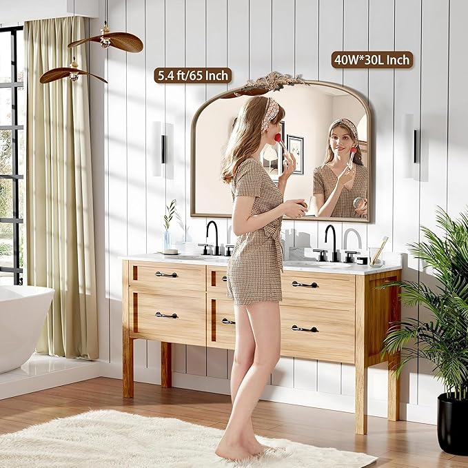Arched Vintage Gold Mirror: 40"x30" Large Champagne Gold Antique Wall Mounted Mirror - Baroque Traditional Ornate for Fireplace/Bathroom/Living Room - Home Decor for Housewife