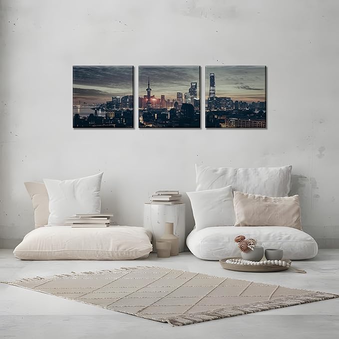 NAN Wind 3Pcs Modern Shanghai Skyline Canvas Wall Art Dusk City Panorama Print Oriental Pearl Tower Night Scene Artwork Living Room Office Decor Black Grey Gold Urban Photography Print on Canvas Decor