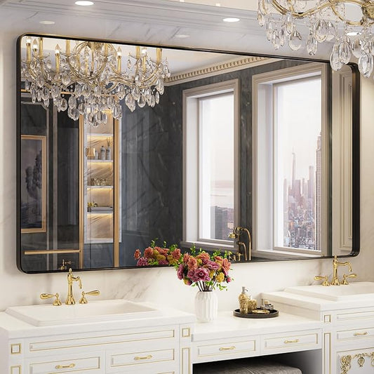 Large Bathroom Mirror for Wall, 72x40 Inch Matte Black Framed Bathroom Vanity Mirror for Farmhouse Living Room Bedroom, Anti-Rust, Tempered Glass, Rounded Corner, Horizontal/Vertical