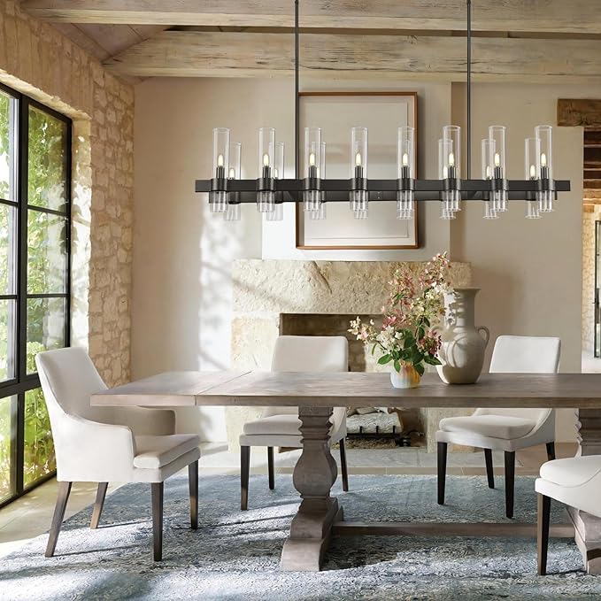 Modern Black Linear Chandelier for Dining Room, 54'' Rectangular Dining Chandeliers Over Dining Table 16 Light, Linear Chandelier Lighting Fixture with Glass over Kitchen Island, Includes Bulbs