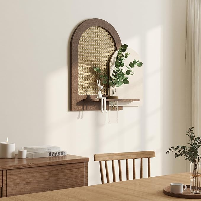 3D Textured Neutral Abstract Wall Art Decor With Shelf, Boho Beige and Brown Artwork for Walls With Green Accent, Modern Minimalist Wall Decor for Living Room, Hallway, Kitchen, Bedroom, Office 24x24