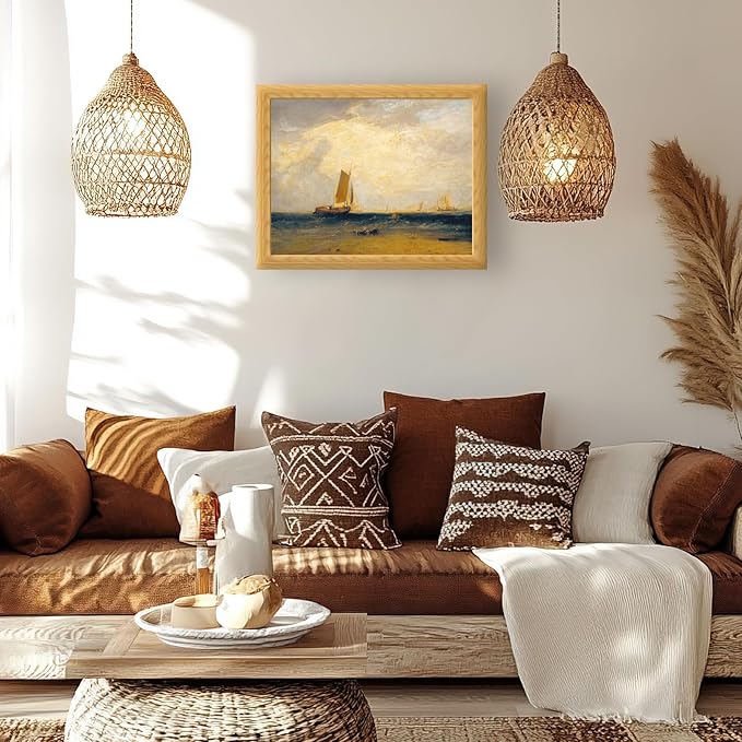 Brivoria Framed Canvas Wall Art Vintage Decor, Romantic Seascape with Sailing Ship Golden Light Ocean View and Coastal Sky for Living Room Statement Wall or Nautical Gallery Display, 16"x20"