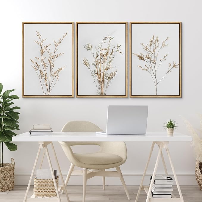 MUDECOR Framed Canvas Print Wall Art Wildflower Floral Botanical Prints Minimalist Wall Art Modern Farmhouse for Bedroom - 16"x24"x3 Natural