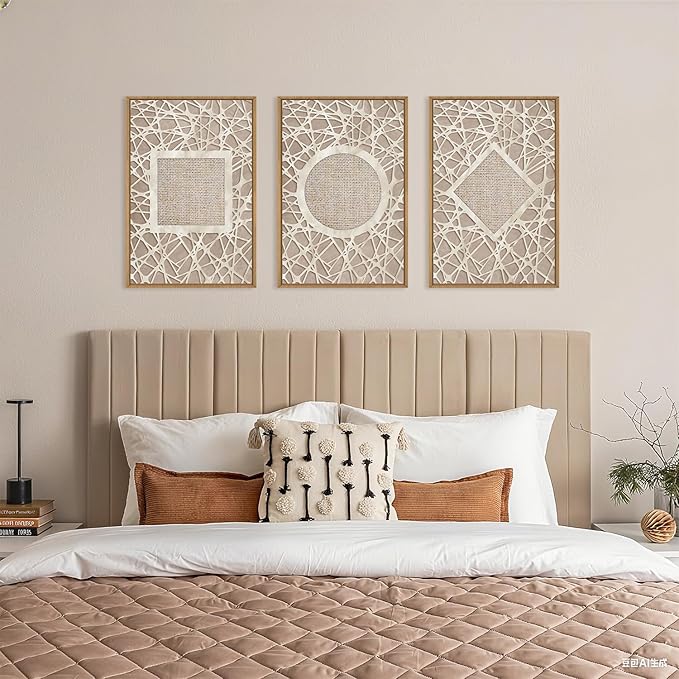 Aryroi Large Boho Neutral Geometric Framed Canvas Wall Art,Modern Circle Square and Rhombus Wall Decor,Minimalist Shapes Artwork,Abstract Mid Century Art Print For Living Room,Bedroom,Office-24"x36"x3