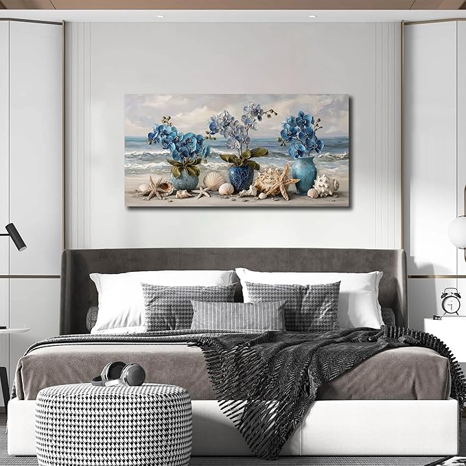 Large Beach Wall Art Blue Wall Decor Floral Canvas Art Coastal Seascape Ocean Pictures Flower Vase Poster Starfish Conch Shell Print Art for Bedroom Bathroom Living Room Office 24"x 48"