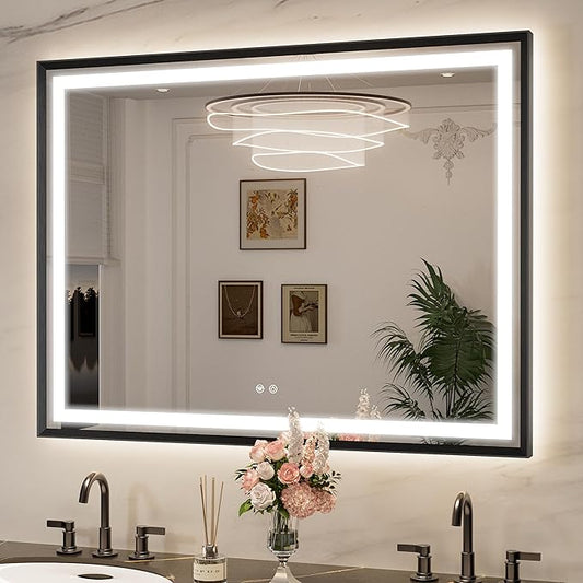 Keonjinn 48 x 36 Inch Large LED Bathroom Mirror with Frontlit & Backlit, Black Lighted Mirror Wall Mounted, HD Tempered Glass, UL Listed LED Driver, Beveled Framed, 3 Color Lights, Dimmable, Anti-Fog