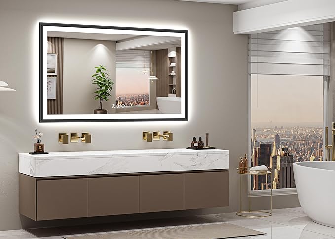 60x36 Black Framed Led Bathroom Mirror with Lights, Front Lit and Backlit, Lighted Vanity Mirror for Bathroom Wall, Anti-Fog, Dimmable, 3 Colors, Memory, HD Tempered Glass