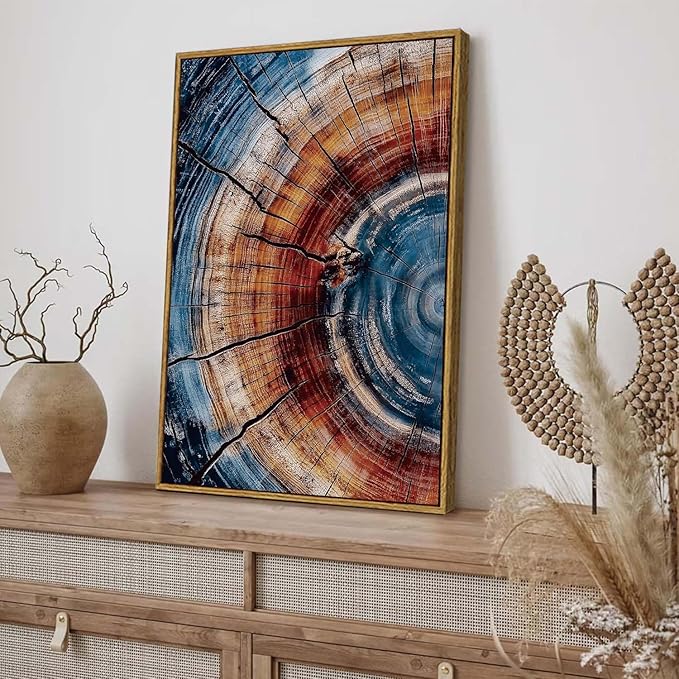 BingruiArt Framed Tree Ring Wall Art Wood Canvas Colorful Boho Wall Decor Rustic Artwork Abstract Painting Farmhouse Picture Nature Print for Living Room Bedroom Bathroom 16"x24" Natural Framed(01)