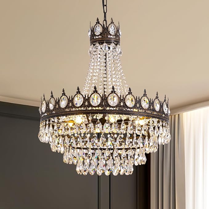 7PM Large Crystal Chandeliers, Vintage French Empire Chandelier, Antique Bronze Crystal Pendant Light, Rustic Farmhouse Ceiling Light for Dining Room Bedroom Living Room Kitchen Foyer, W 24"