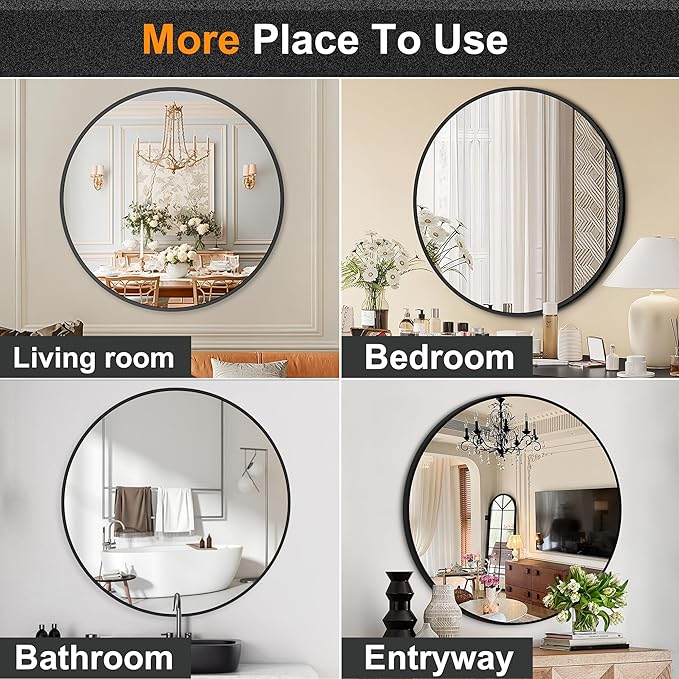 Black Bathroom Mirrors for Wall,30'' Round Circle Mirror for Entryway Bedroom Vanity Frame Mirror(30'',Black)