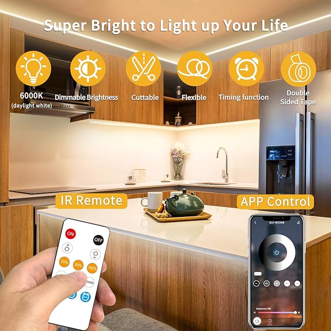 32.8ft COB LED Strip Lights DC 24V Dimmable 3000K Warm White Flexible LED Tape Light for Bedroom, with Remote and app Control LED Tape Lights,for DIY Home Decoratio