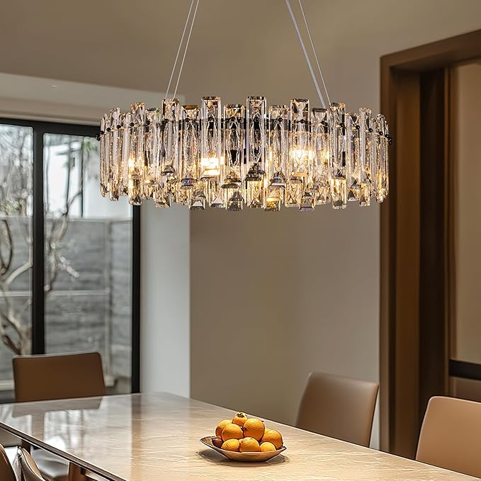 Modern Luxury K9 Crystal Chandelier 10-Lights Round Pendant Light Easy Install Ceiling Hanging Light Fixture for Dining Living Room Kitchen Island Entryway Foyer D31.5 Black