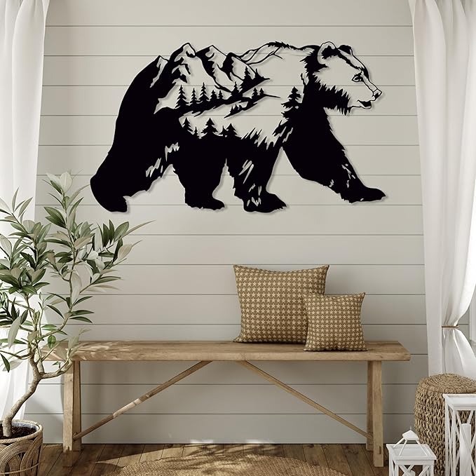 Bear Pine Tree and Mountain Metal Wall Art, Huge Nature Theme Wall Hanging, Wilderness Wall Decor, Forest Decor for House Living Room Bedroom, Natural Scenery Wall Sign, Lodge Decor, Bear Lovers Gift