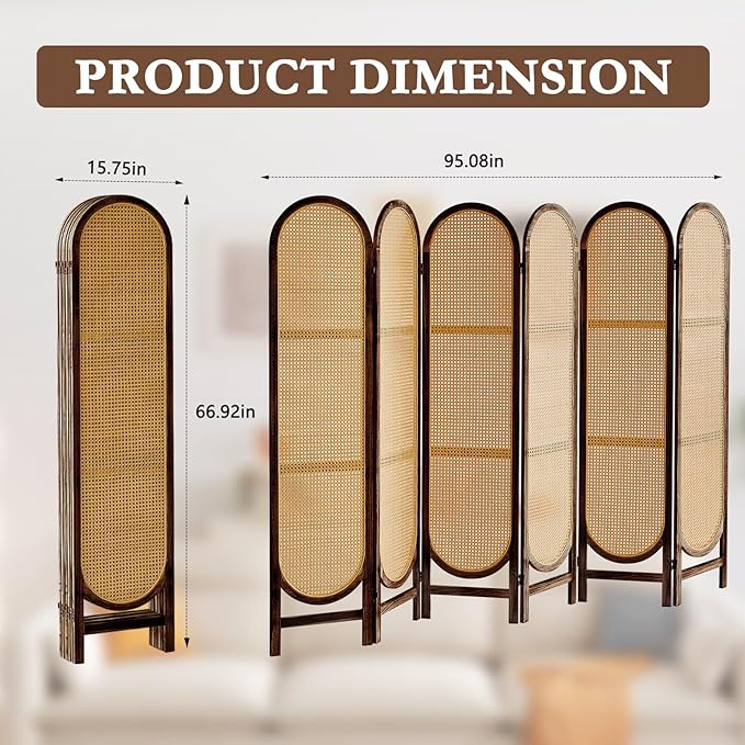 ALeesinwing 6 Panels Room Dividers, Hand-Woven Rattan Room Divider Panel and Folding Privacy Screens, Wood Room Divider Wall Freestanding Room Partitions Screen for Home Office Bedroom, Dark Brown
