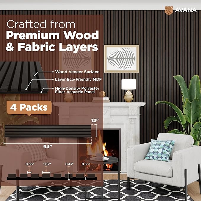 Avana Acoustic Wood Wall Panels – 94.4 X 12.6 Inch Smoke Oak Acoustic Panels 4 PCs – Wall Panels For Interior Wall Decor For Homes, Offices, Studios – Sturdy And Durable Wood Panels For Wall