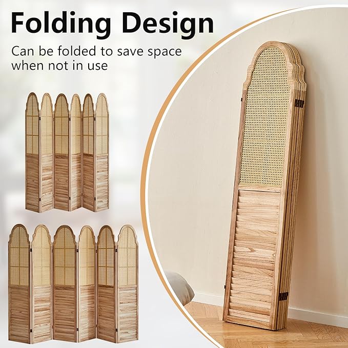 6 Panel Rattan Room Divider Panel, 5.6Ft Partitionsand Dividers, Louvered Partition Divider, Room Dividers Screen, Solid Wood Frame, Folding Screen, Bedroom, Family Room, Light Brown