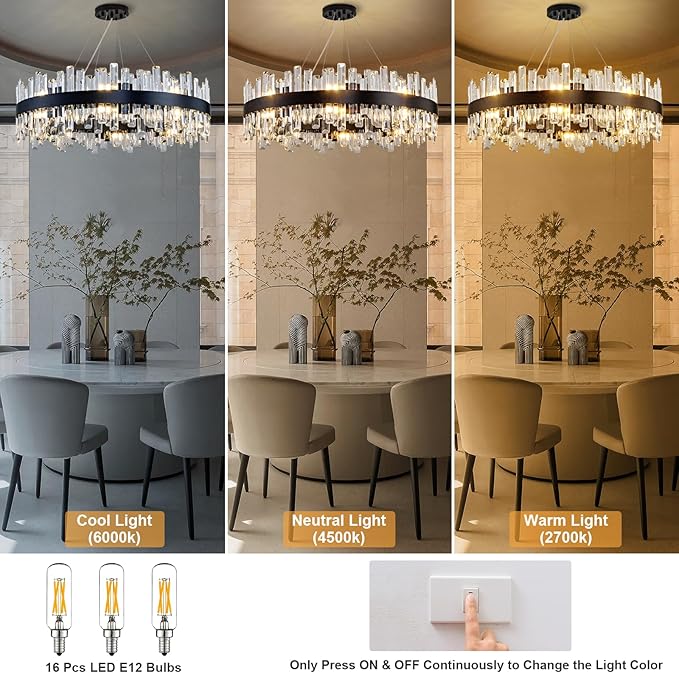 Modern Chandelier, D31.5 Round Black K9 Crystal Chandelier, Luxury Hanging Ceiling Light for Living Room, Chandeliers Pendant Light Fixture for Dining Room Hall Stairway Kitchen Bedroom