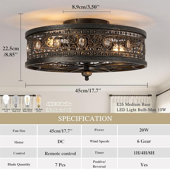 Caged Ceiling Fans with Lights,Vintage Victorian Rustic Crystal Fandelier,Low Profile Flush Mount,Small Enclosed Bladeless Ceiling Fan with Light for Bedroom,Kitchen,Living Room,Dining Room