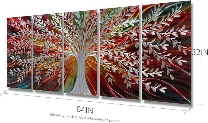 BATRENDY ARTS Coloful Metal Tree Wall Art Brown Red Artwork Decor Silver Willow Large Hanging Scuplture 5 Panels for Bedroom