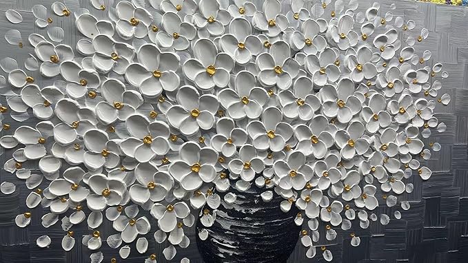 Modern White Floral Wall Art Canvas, 3D Textured Flowers in Black Vase, Hand-Painted Bouquet Painting for Living Room