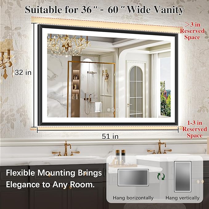 51x32 Black Framed Led Bathroom Mirror with Lights, Front Lit and Backlit, Lighted Vanity Mirror for Bathroom Wall, Anti-Fog, Dimmable, 3 Colors, Memory, HD Tempered Glass