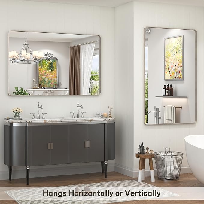 60x28 Inch Brushed Nickel Bathroom Mirror, Large Brushed Silver Metal Framed Wall Mirror, Rounded Corner Rectangle Modern Vanity Mirror, Tempered Glass, Anti-Rust, Shatterproof (Horizontal/Vertical)