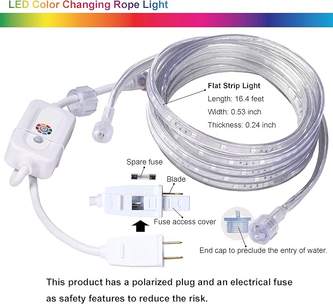 16.4 Feet Flat Flexible LED Rope Lights, Color Changing RGB Strip Light with Remote Control, 8 Colors Multiple Modes, Plug in Novelty Lighting, Connectable and Waterproof for Home Kitchen Outdoor Use…