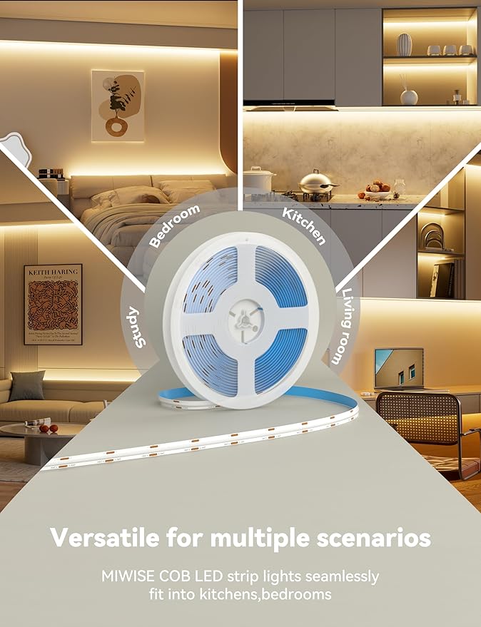MIWISE COB LED Strip,2700K Warm White 20ft/6.1m,Dimmable Super Bright 24V LED Strip Light,CRI 90+ Flexible Tape Light with RF Remote Timer Function,for Shelf/Cabinet/Bedroom/TV DIY Lighting Project